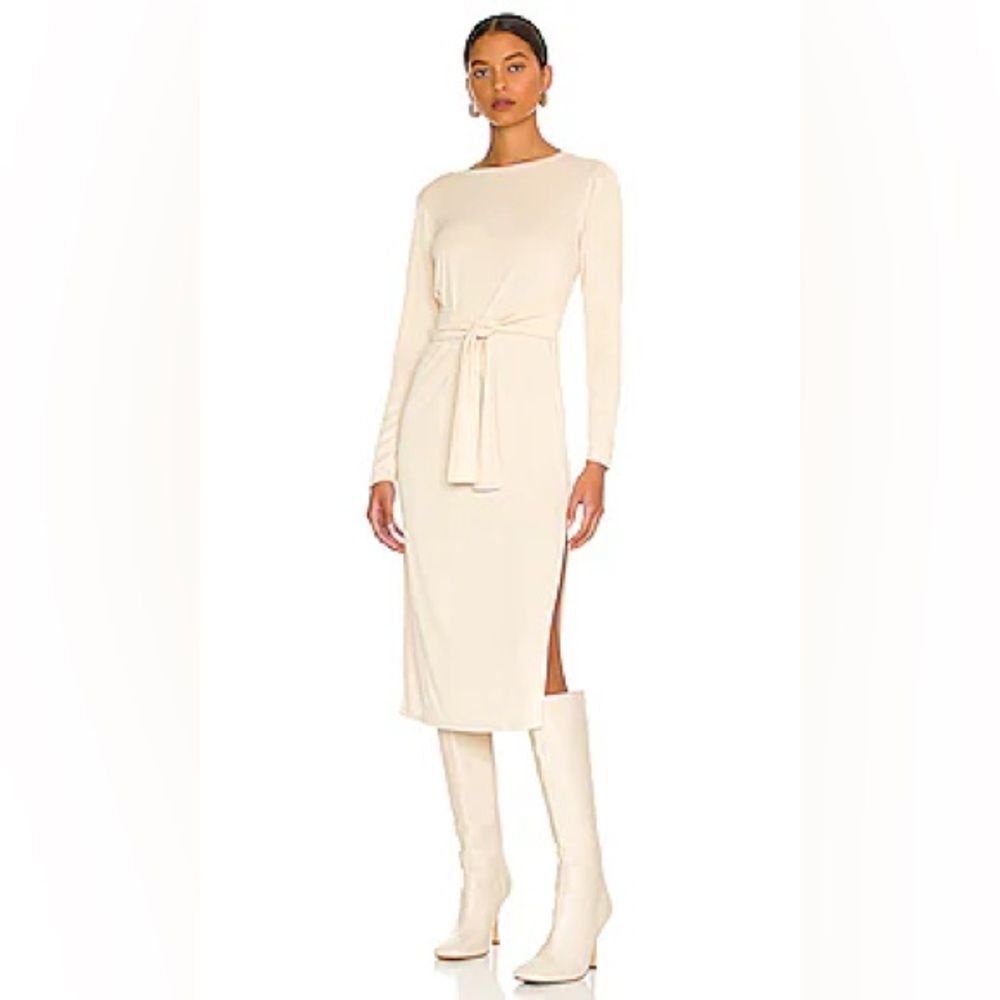 BB DAKOTA STEVE MADDEN Tie Front Midi Dress Soft Ribbed Knit Slit Natural Small